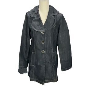 VTG Baccini Dark Blue Denim Jacket Wide Puckered Collar Button Front Size Small